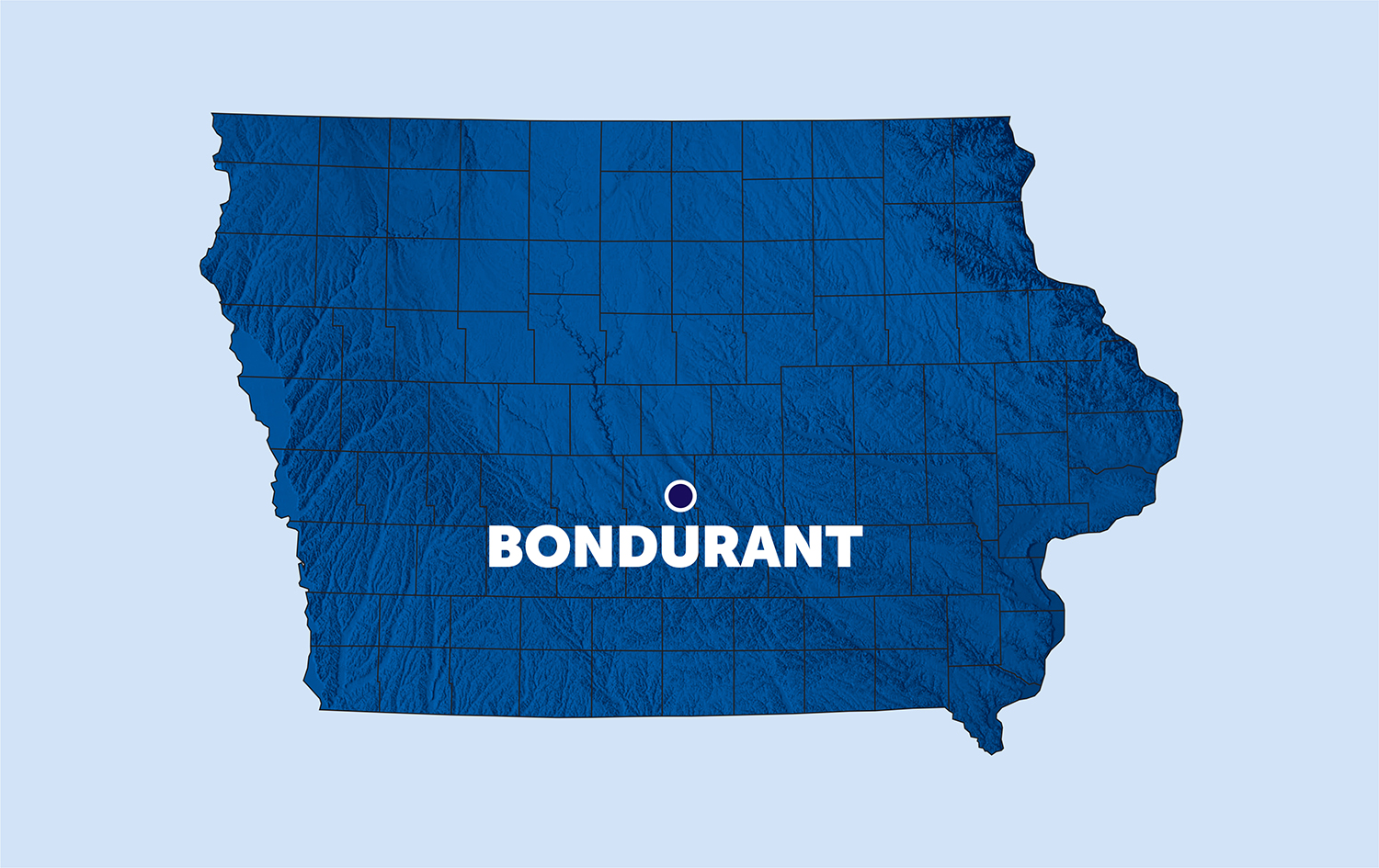 Map of iowa with a pinpoint on the city of bondurant