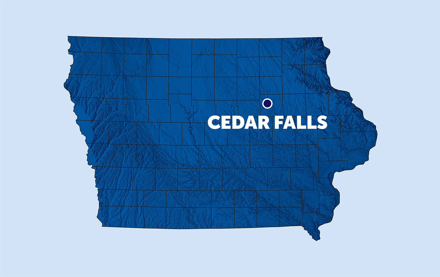 map of iowa with a pinpoint on cedar falls