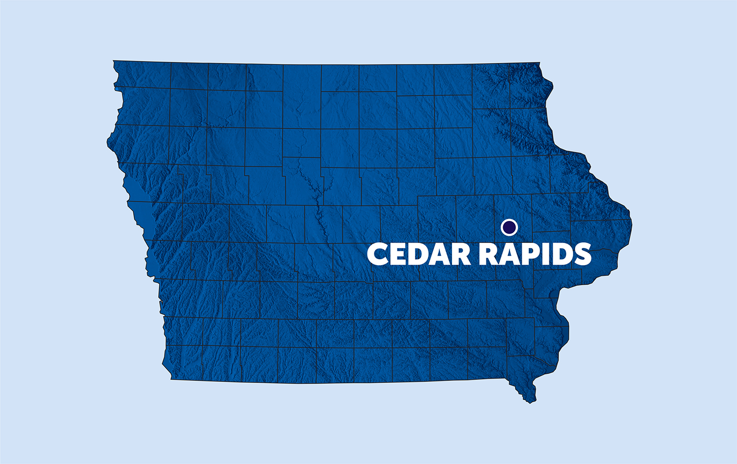 map of iowa with a pinpoint on cedar rapids
