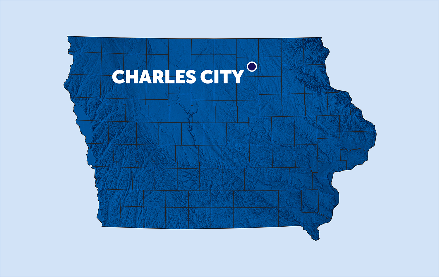 map of iowa with a pinpoint of charles city