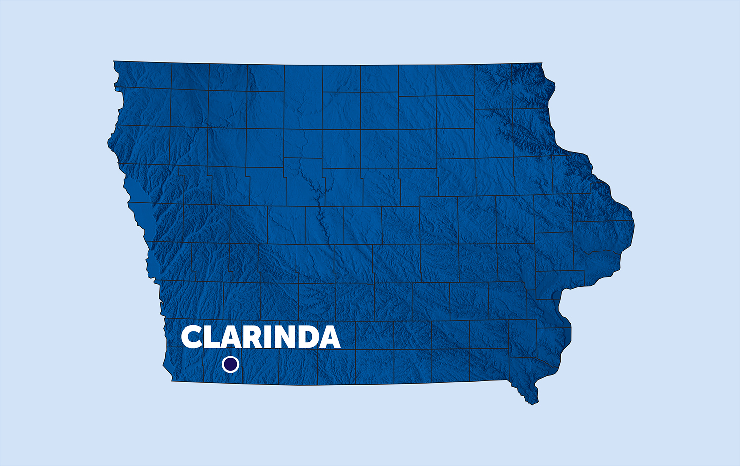 map of iowa with a pinpoint on clarinda