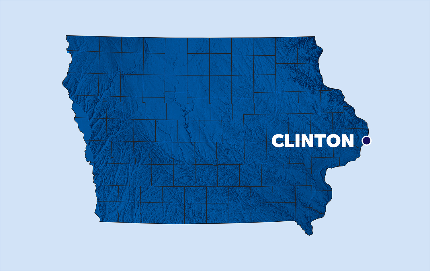 map of iowa with a pinpoint on clinton