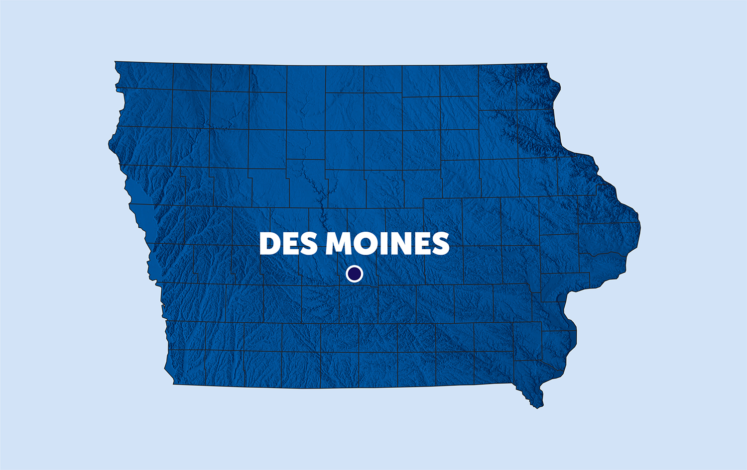 map of iowa with a pinpoint on des moines