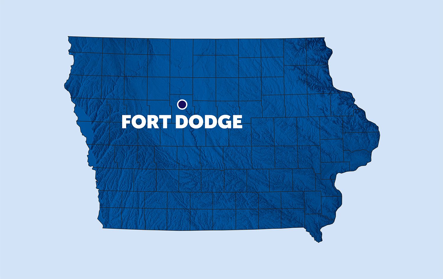 map of iowa with a pinpoint on fort dodge