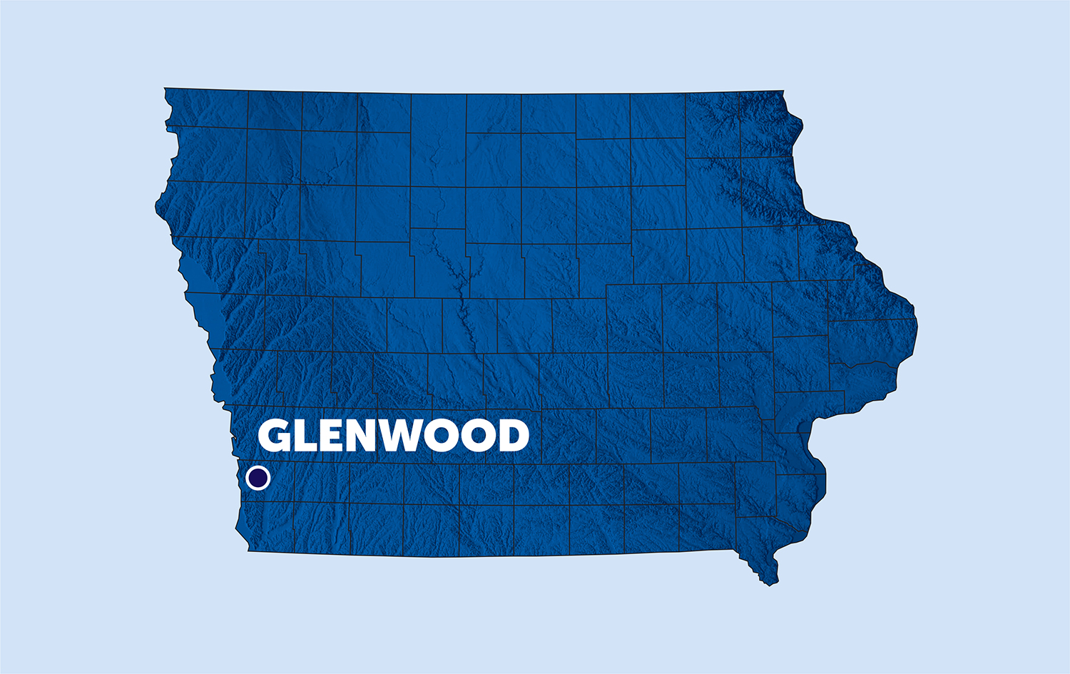 map of iowa with a pinpoint on glenwood