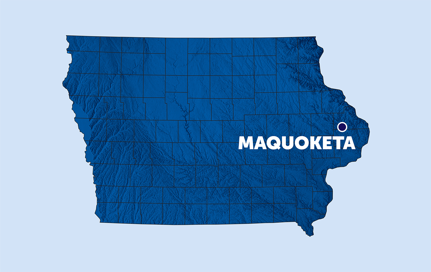 map of iowa with a pinpoint on maquoketa