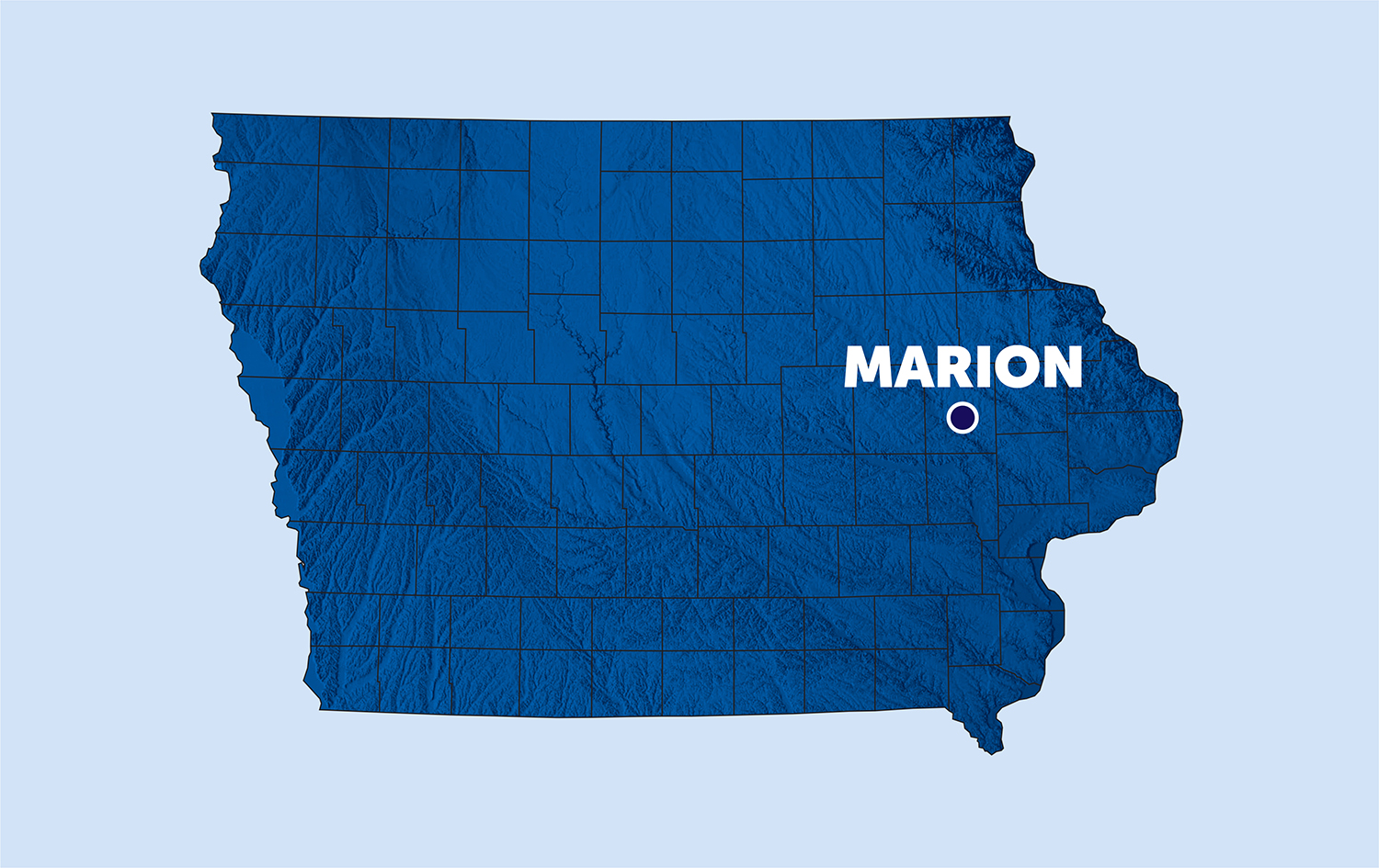 map of iowa with a pinpoint on marion