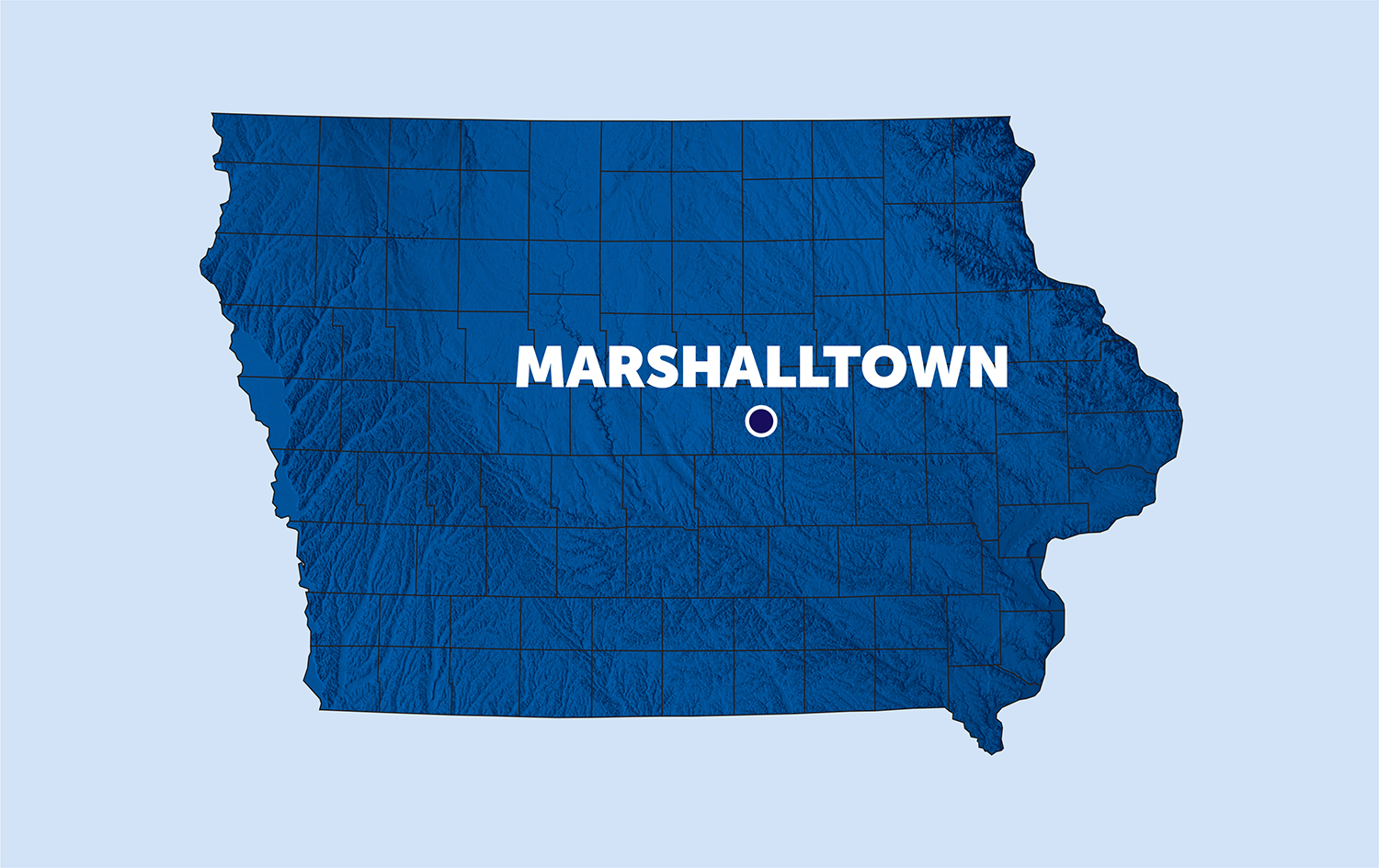 map of iowa with a pinpoint on marshalltown