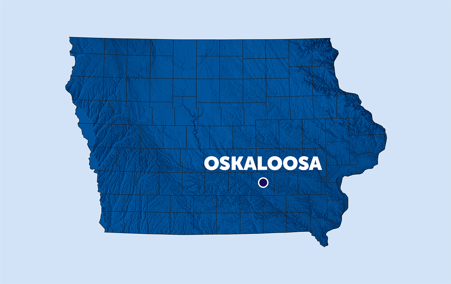 map of iowa with a pinpoint on oskaloosa