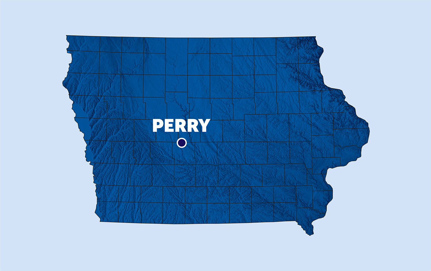 map of iowa with a pinpoint on perry