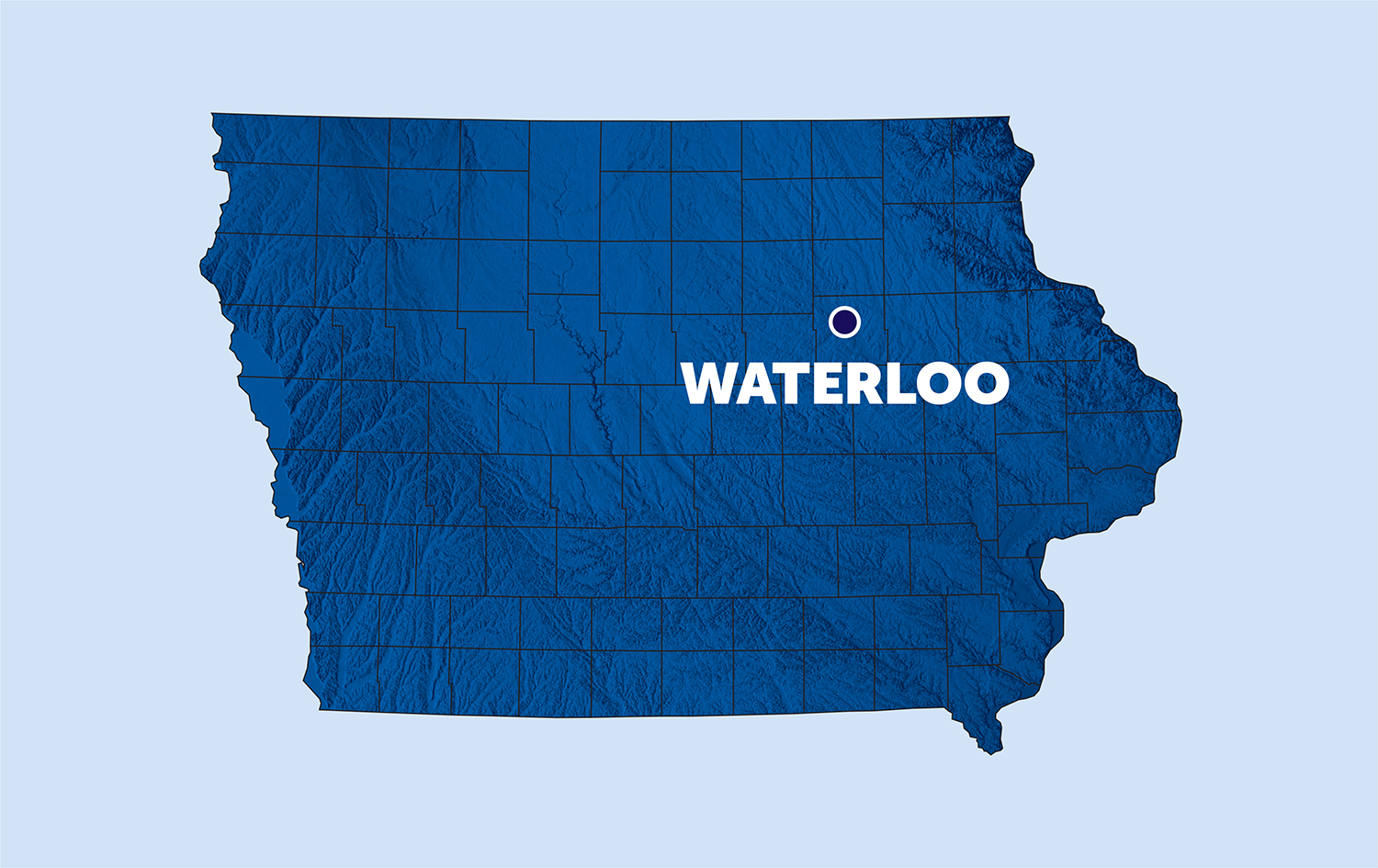 map of iowa with a pinpoint on waterloo