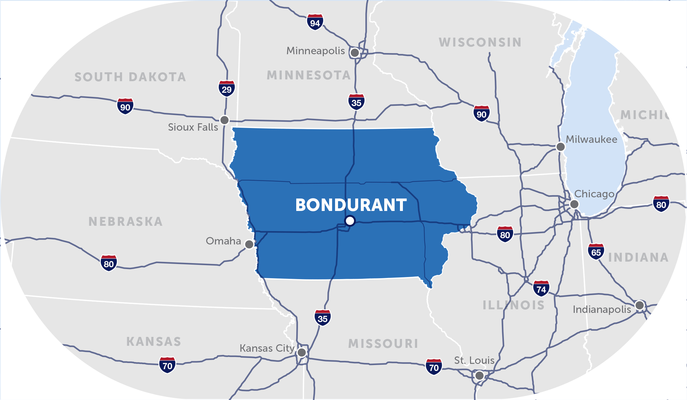 map of the midwest with a pinpoint on bondurant, iowa