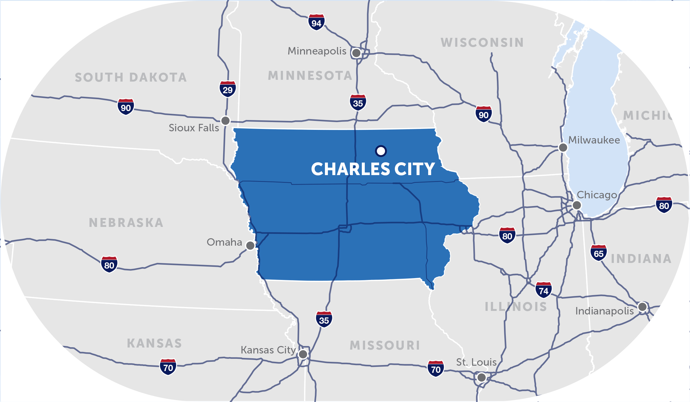 map of the midwest with a pinpoint on charles city, iowa