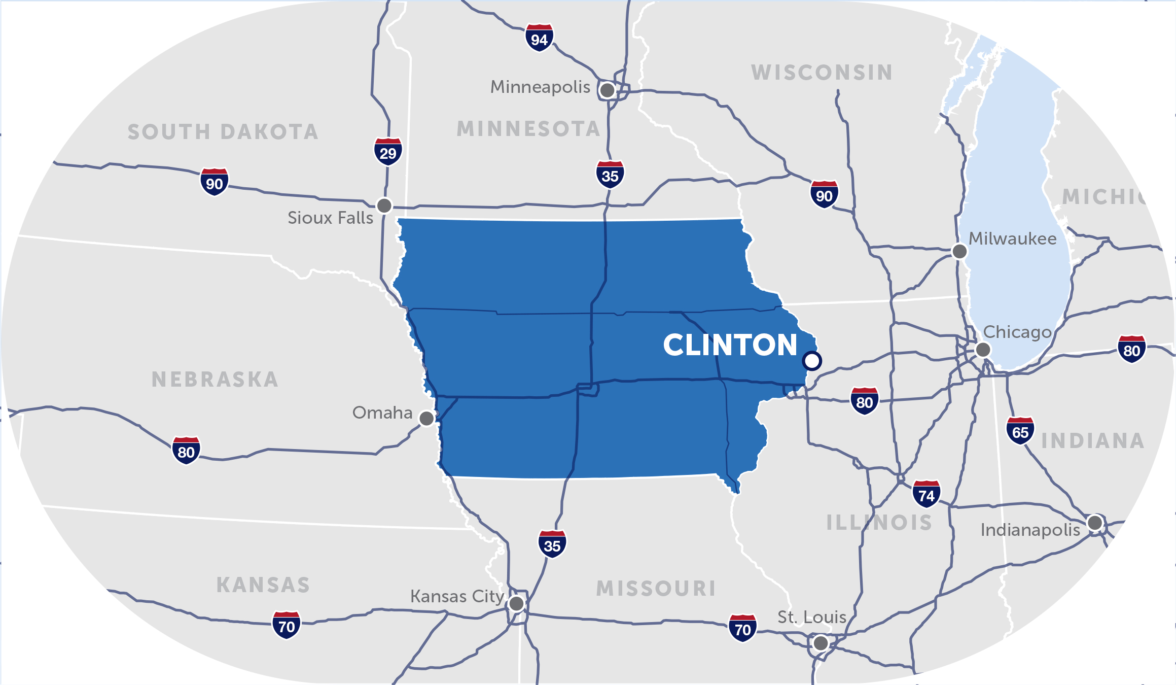 map of the midwest with a pinpoint on clinton, iowa