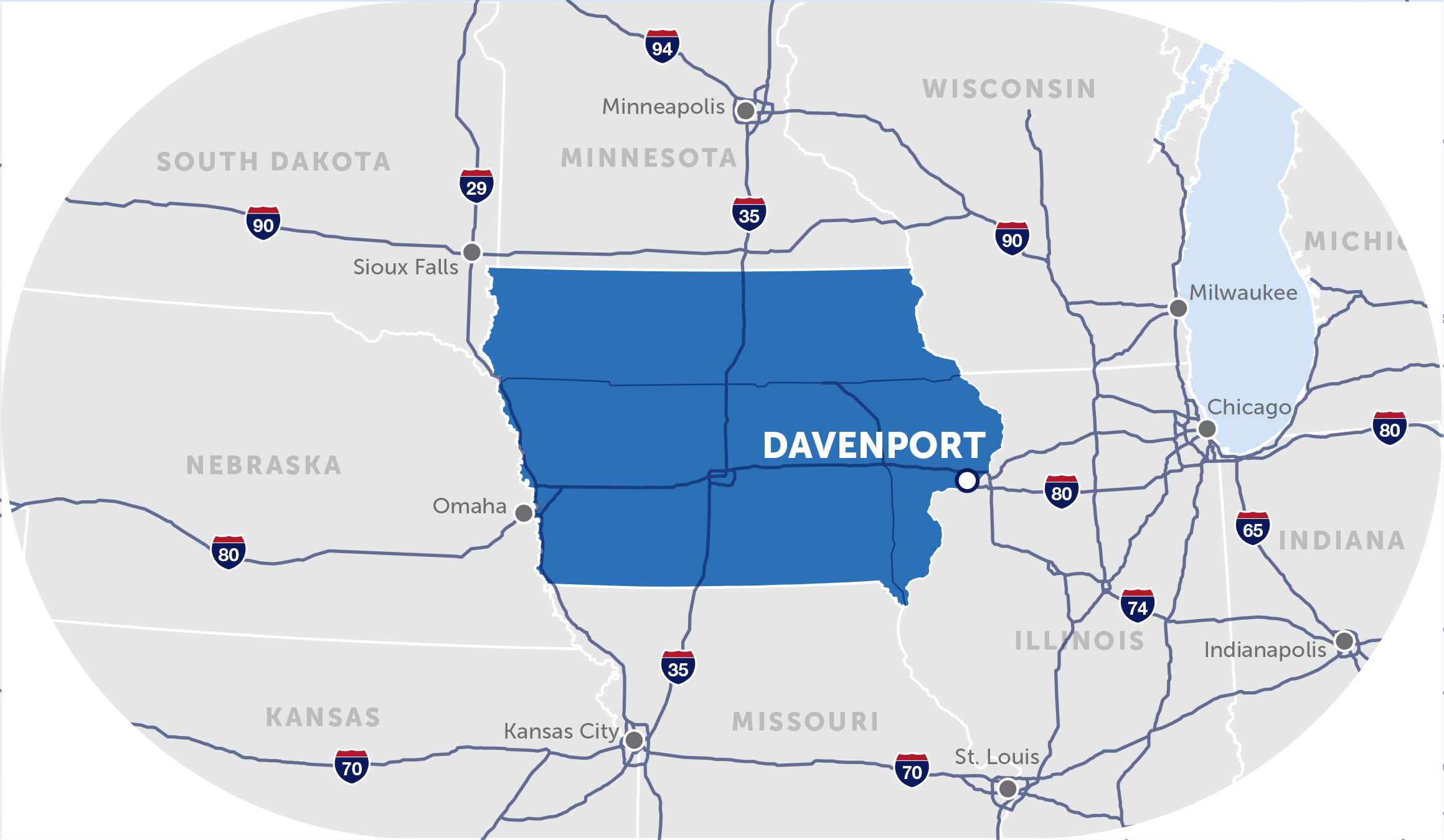 map of the midwest with a pinpoint on davenport, iowa