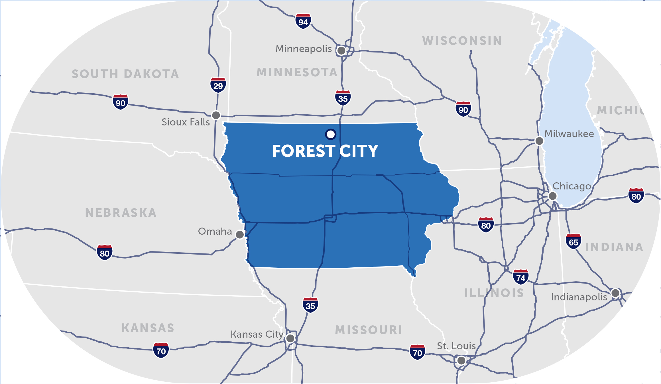 map of the midwest with a pinpoint on forest city, iowa