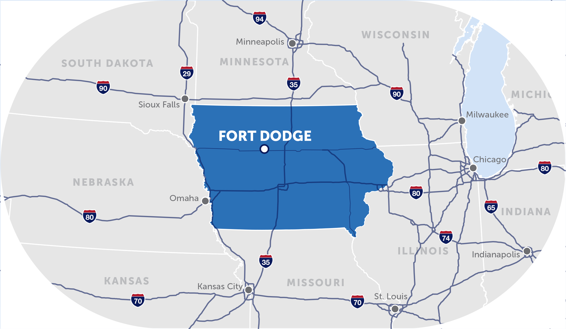 map of the midwest with a pinpoint on fort dodge, iowa