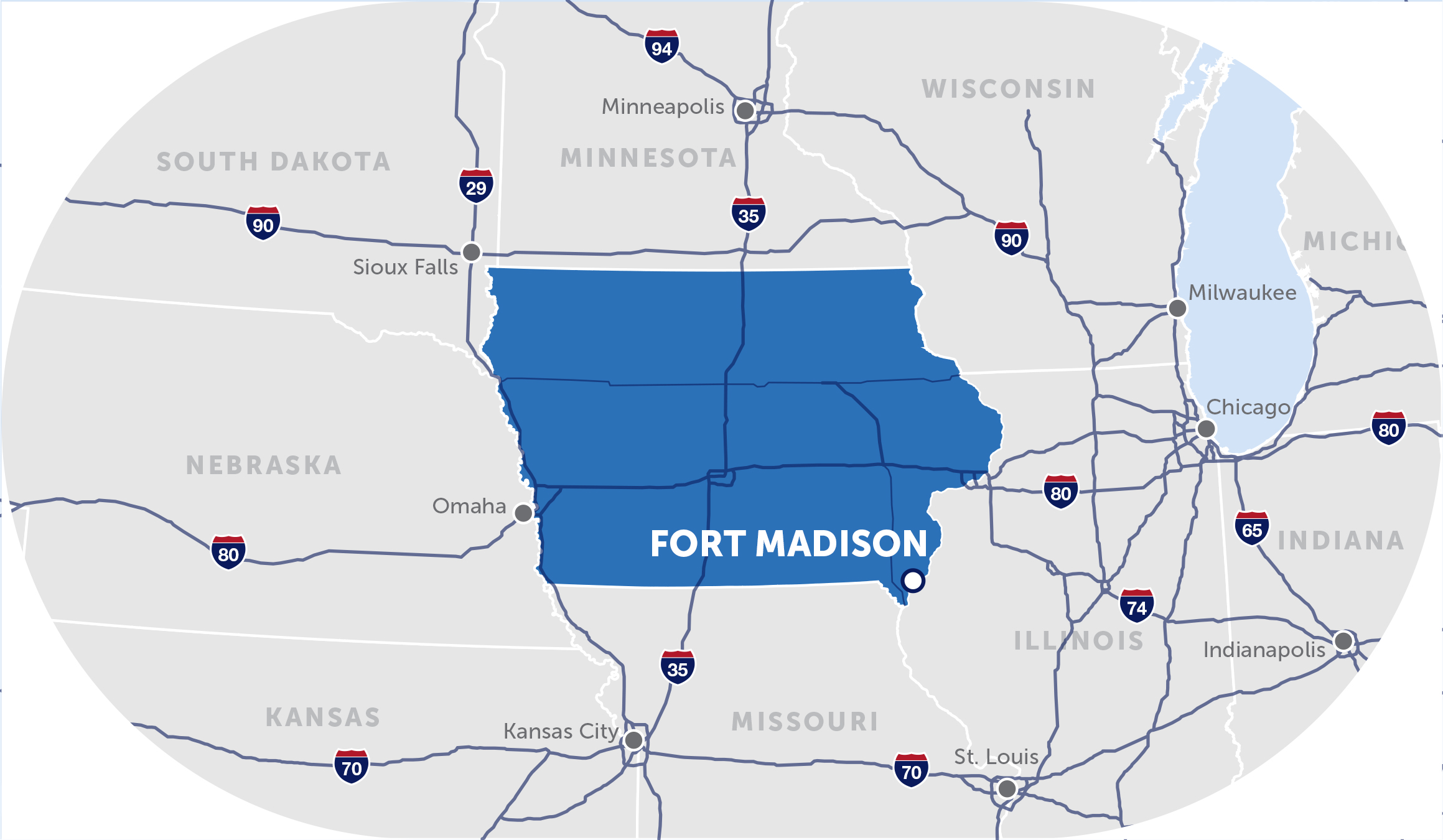 map of the midwest with a pinpoint on fort madison, iowa