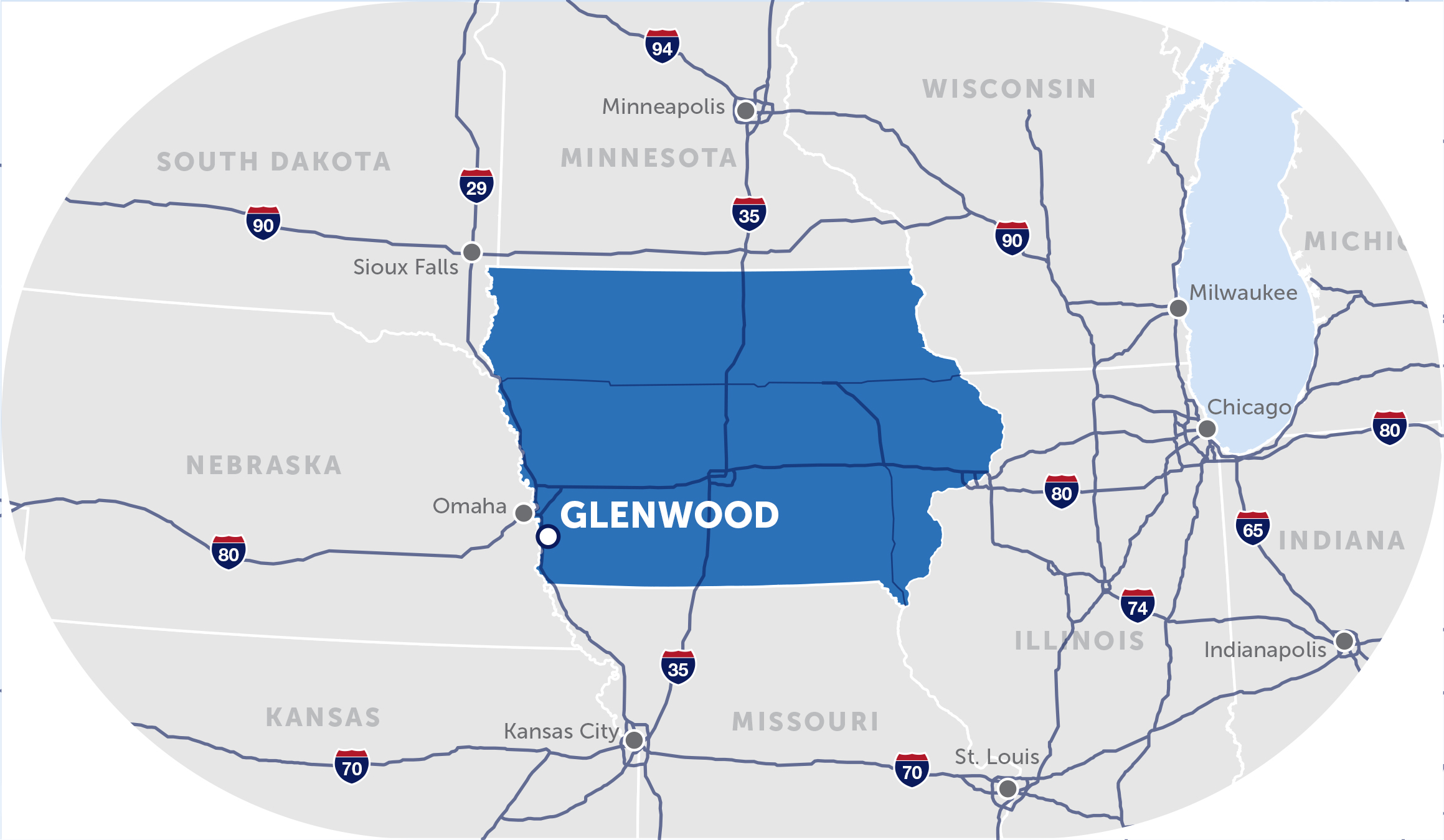 map of the midwest with a pinpoint on glenwood, iowa