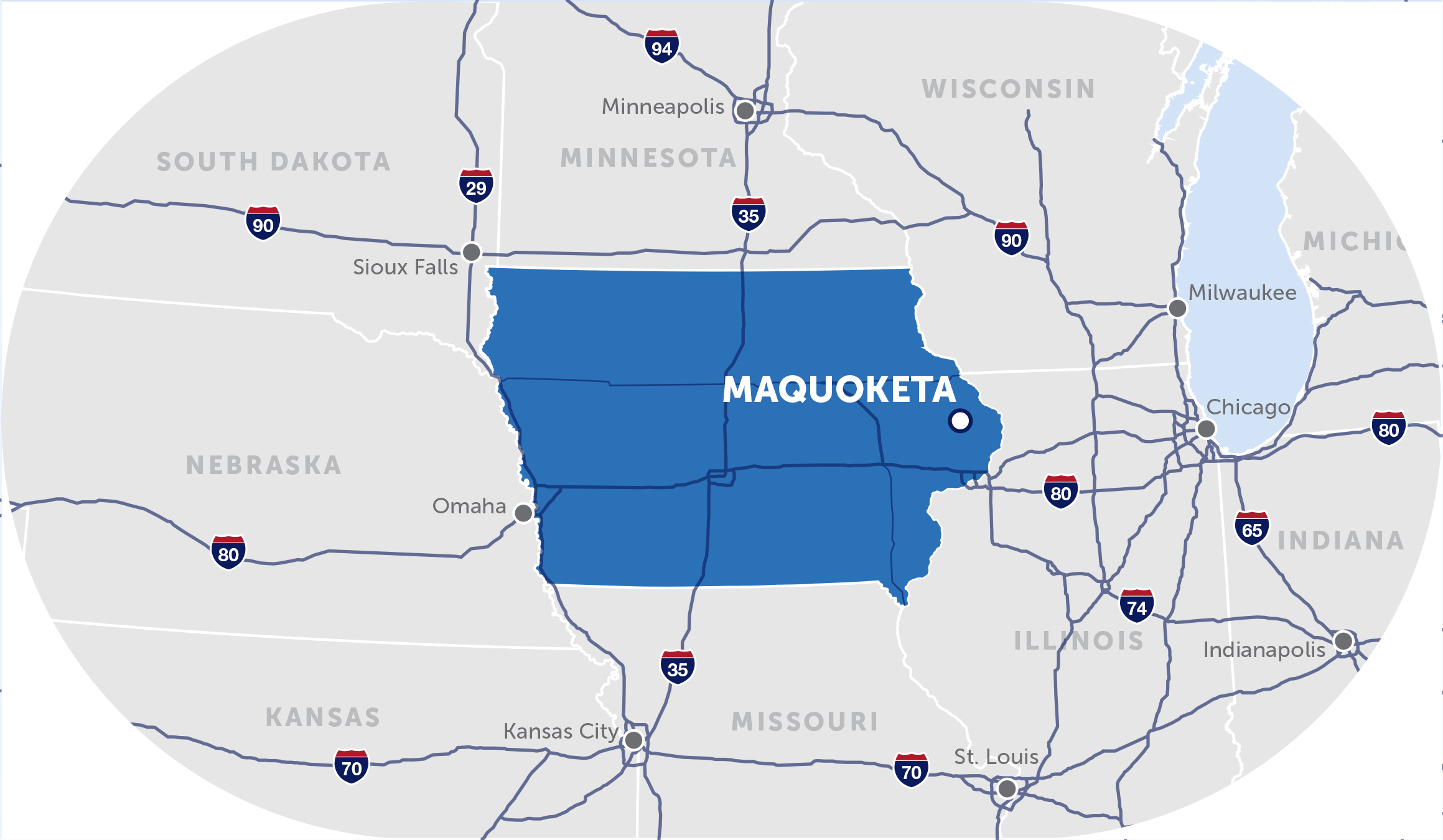 map of the midwest with a pinpoint on maquoketa, iowa