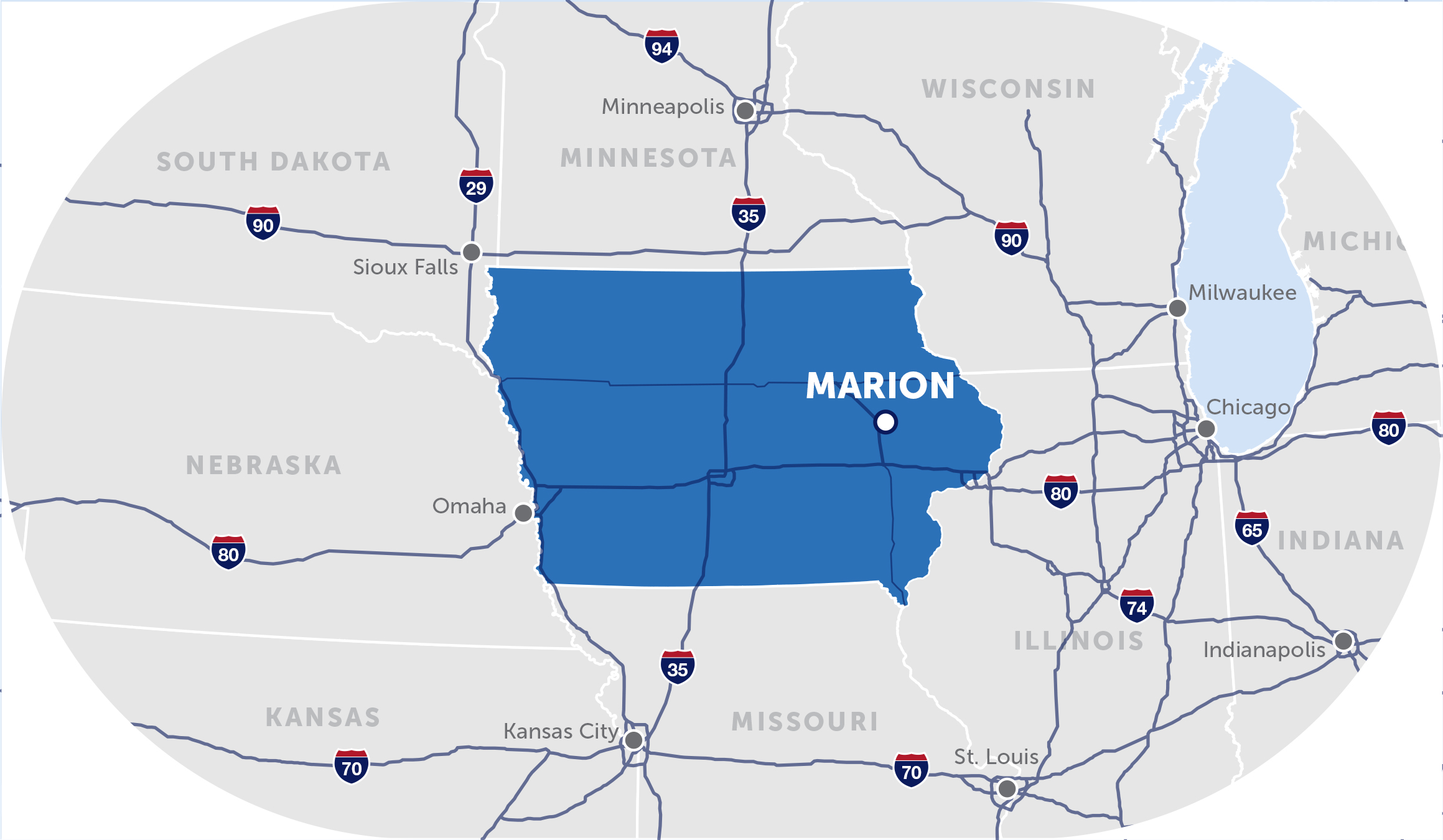 map of the midwest with a pinpoint on marion, iowa