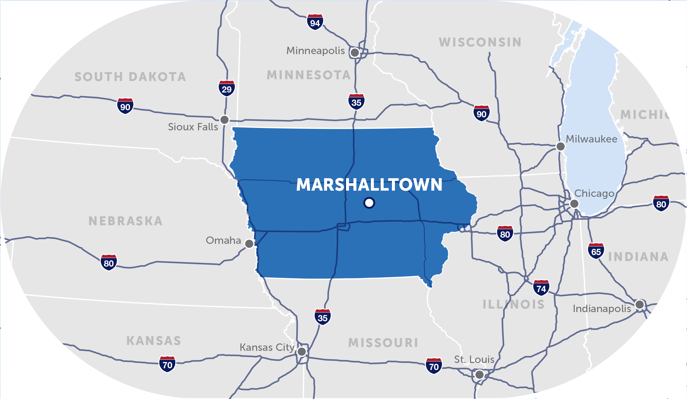 map of the midwest with a pinpoint on marshalltown, iowa