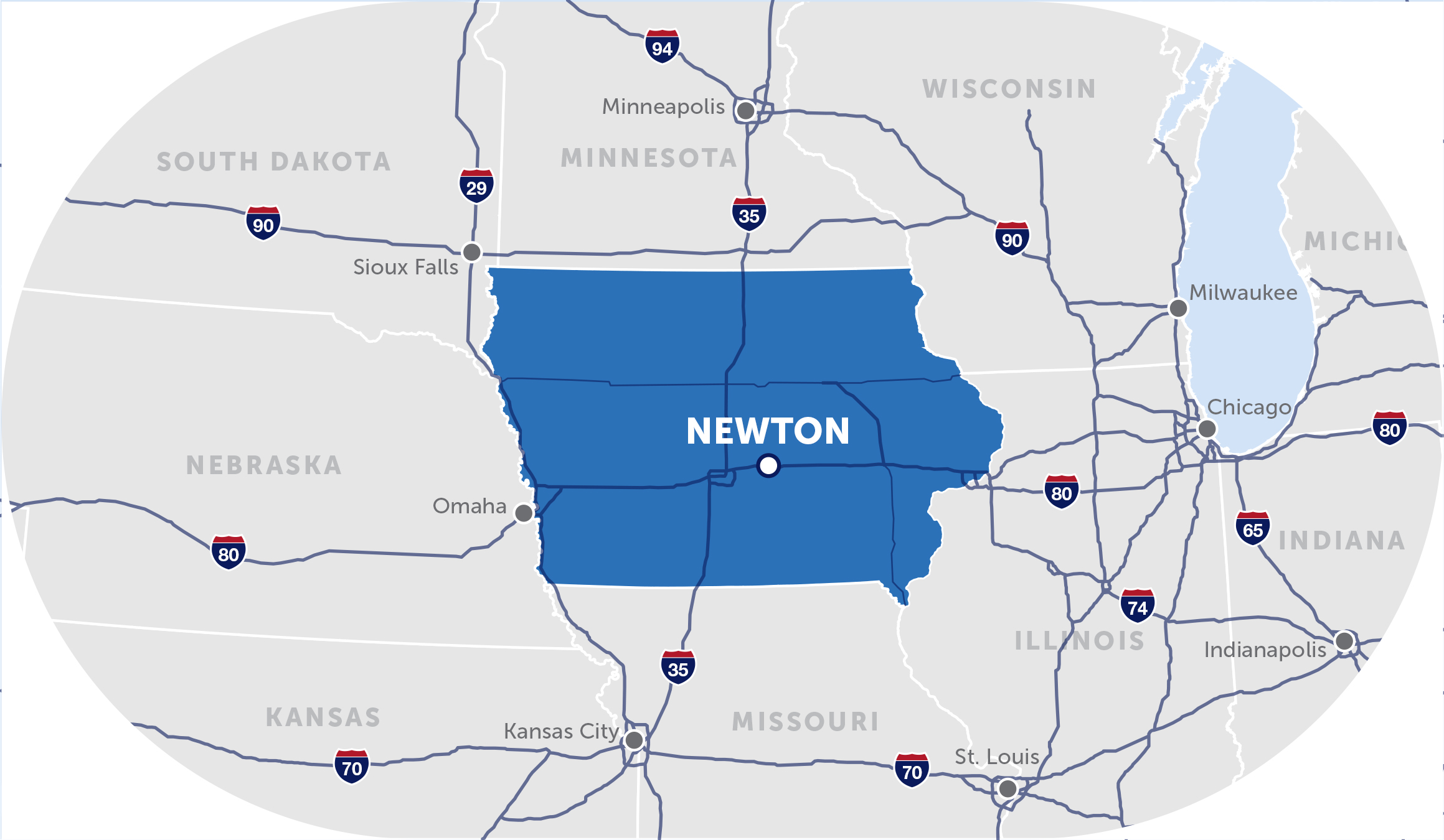 map of the midwest with a pinpoint on newtown, iowa