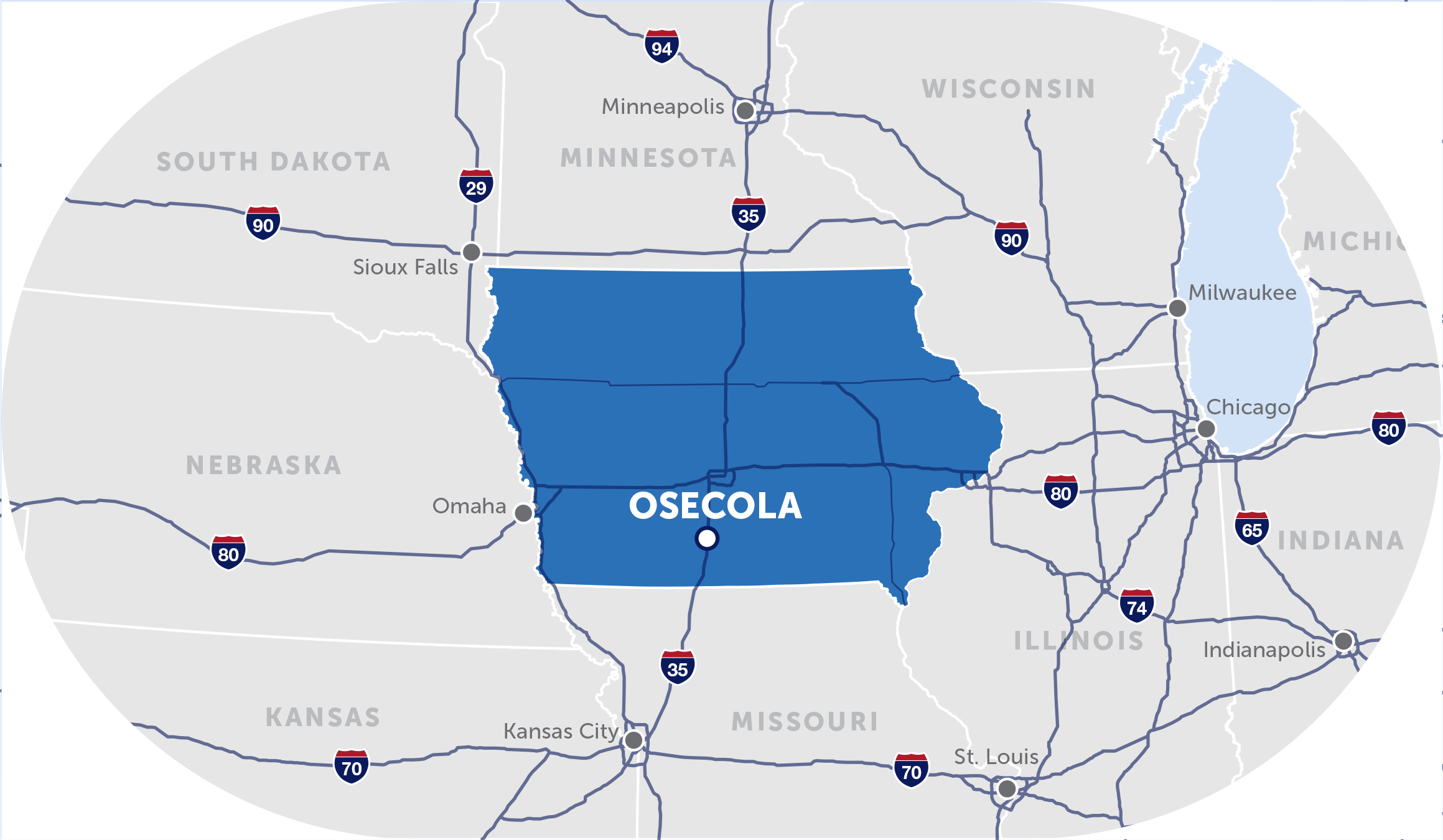 map of the midwest with a pinpoint on osceola , iowa