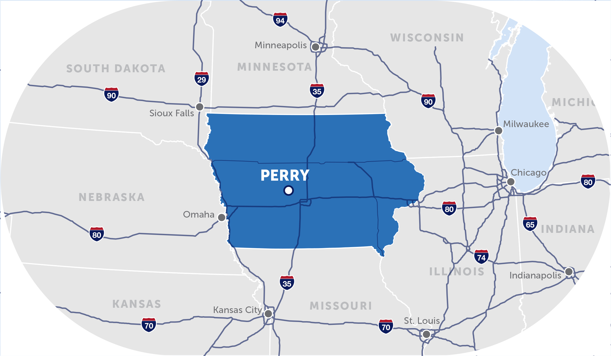 map of the midwest with a pinpoint on perry, iowa