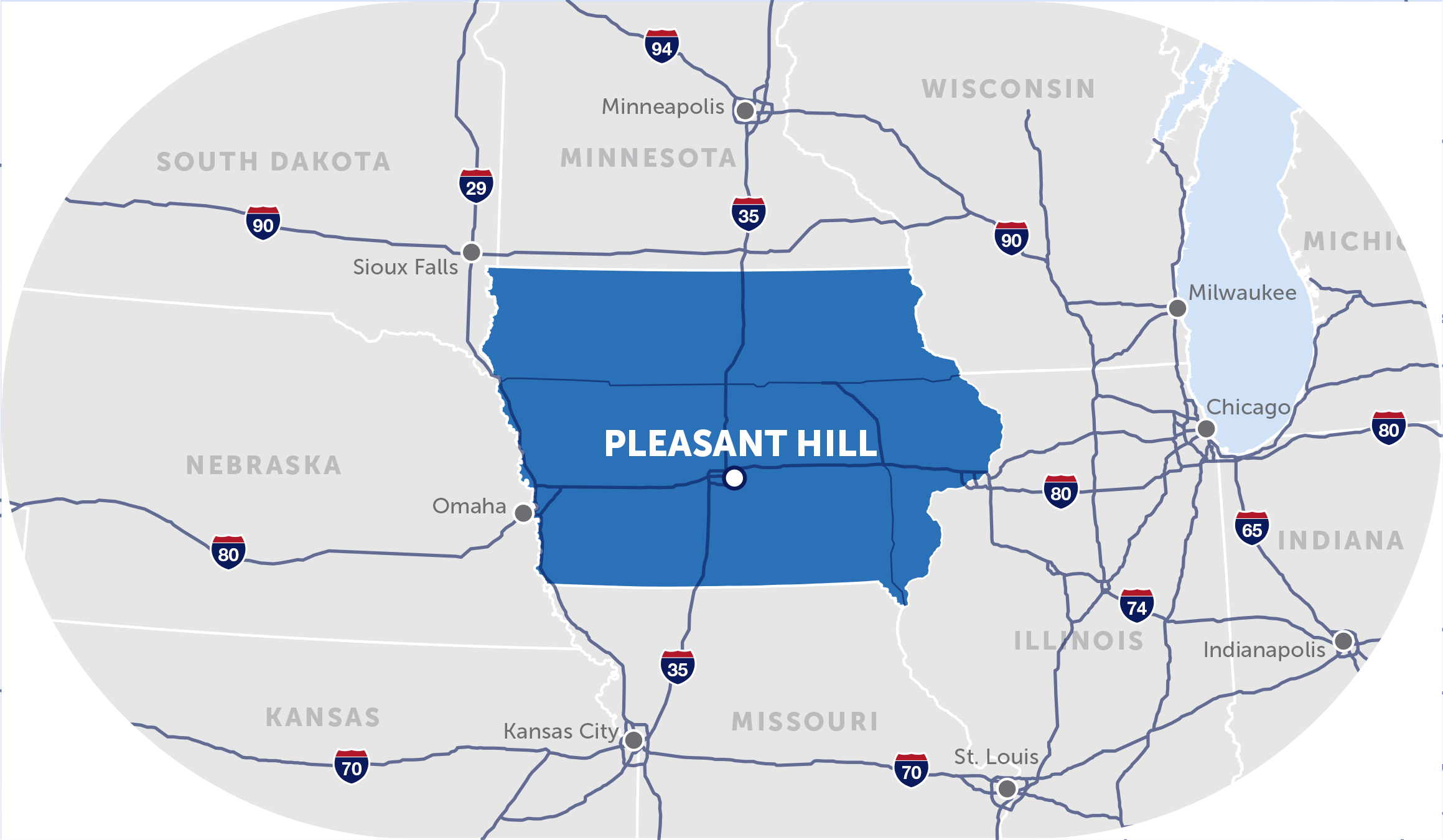map of the midwest with a pinpoint on pleasant hill, iowa