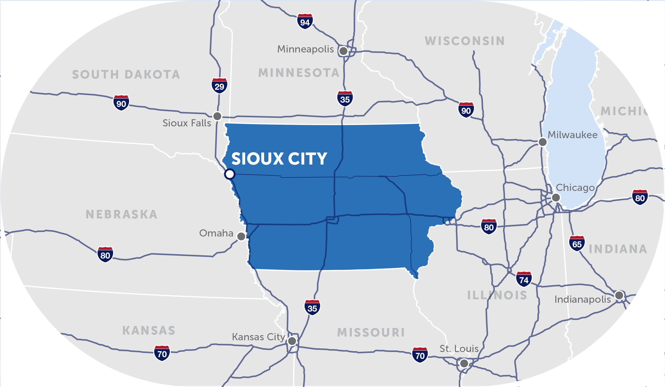 map of the midwest with a pinpoint on sioux city, iowa
