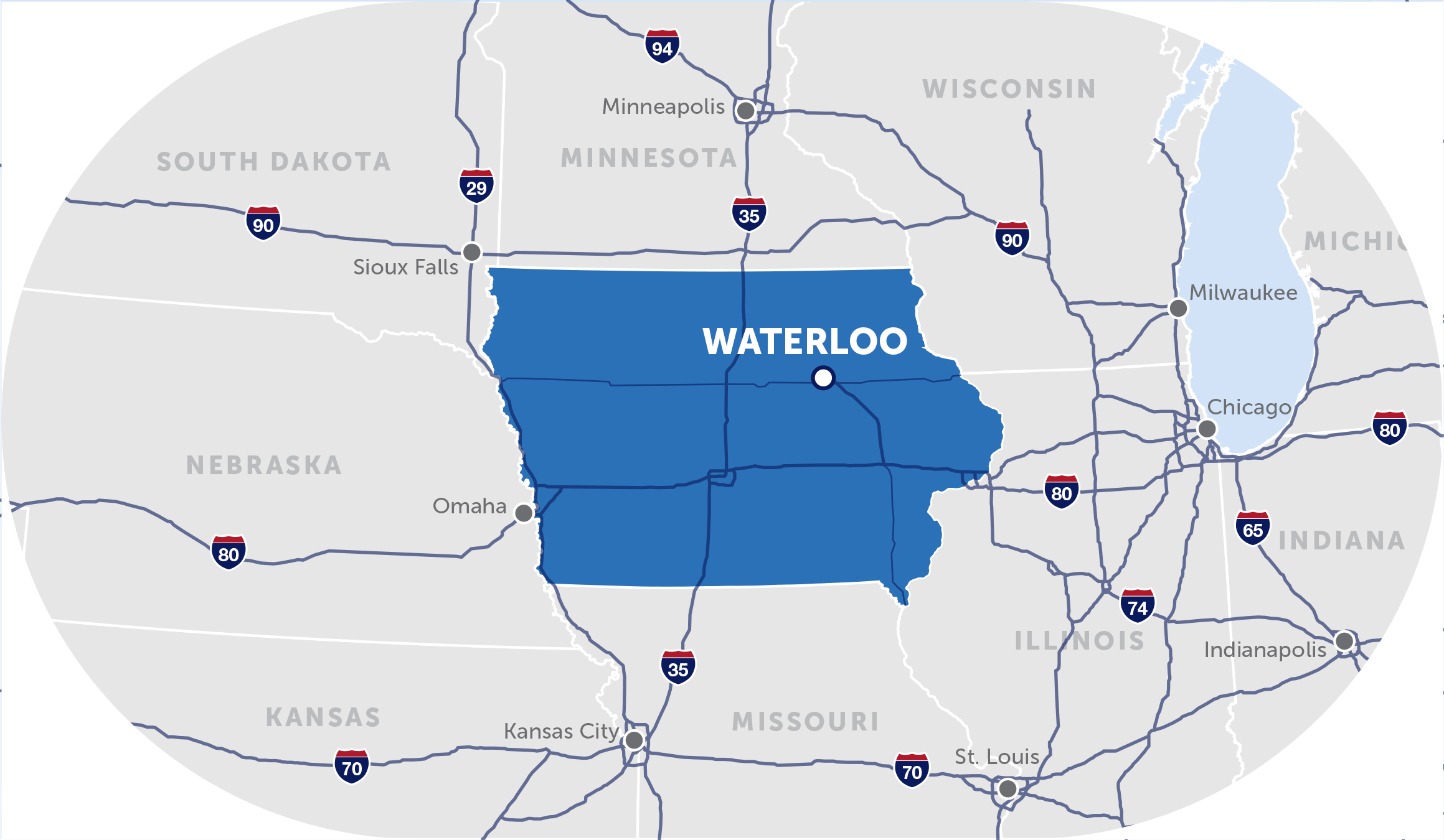 map of the midwest with a pinpoint on waterloo, iowa